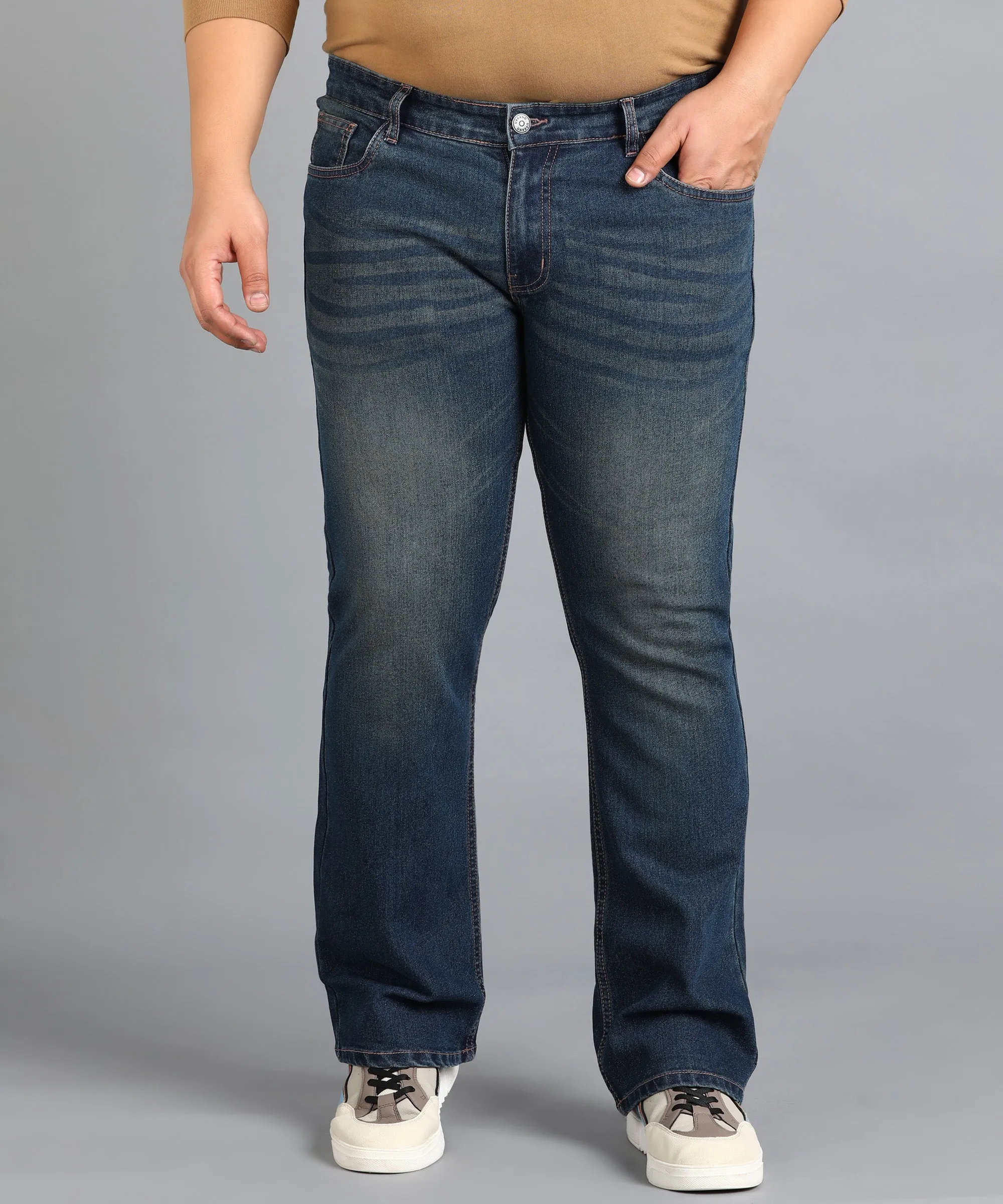 Plus Men's Blue Washed Bootcut Jeans Stretchable