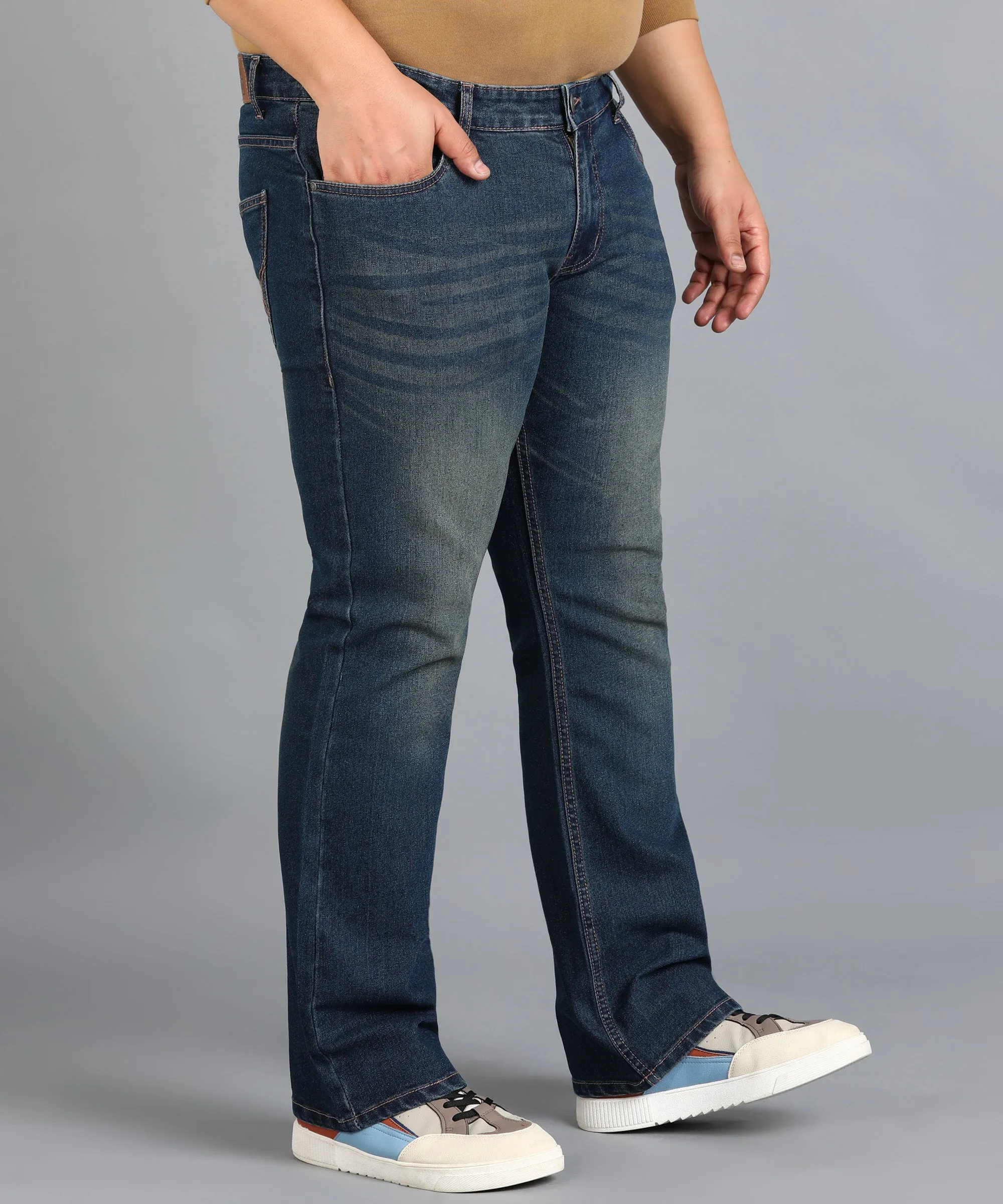 Plus Men's Blue Washed Bootcut Jeans Stretchable