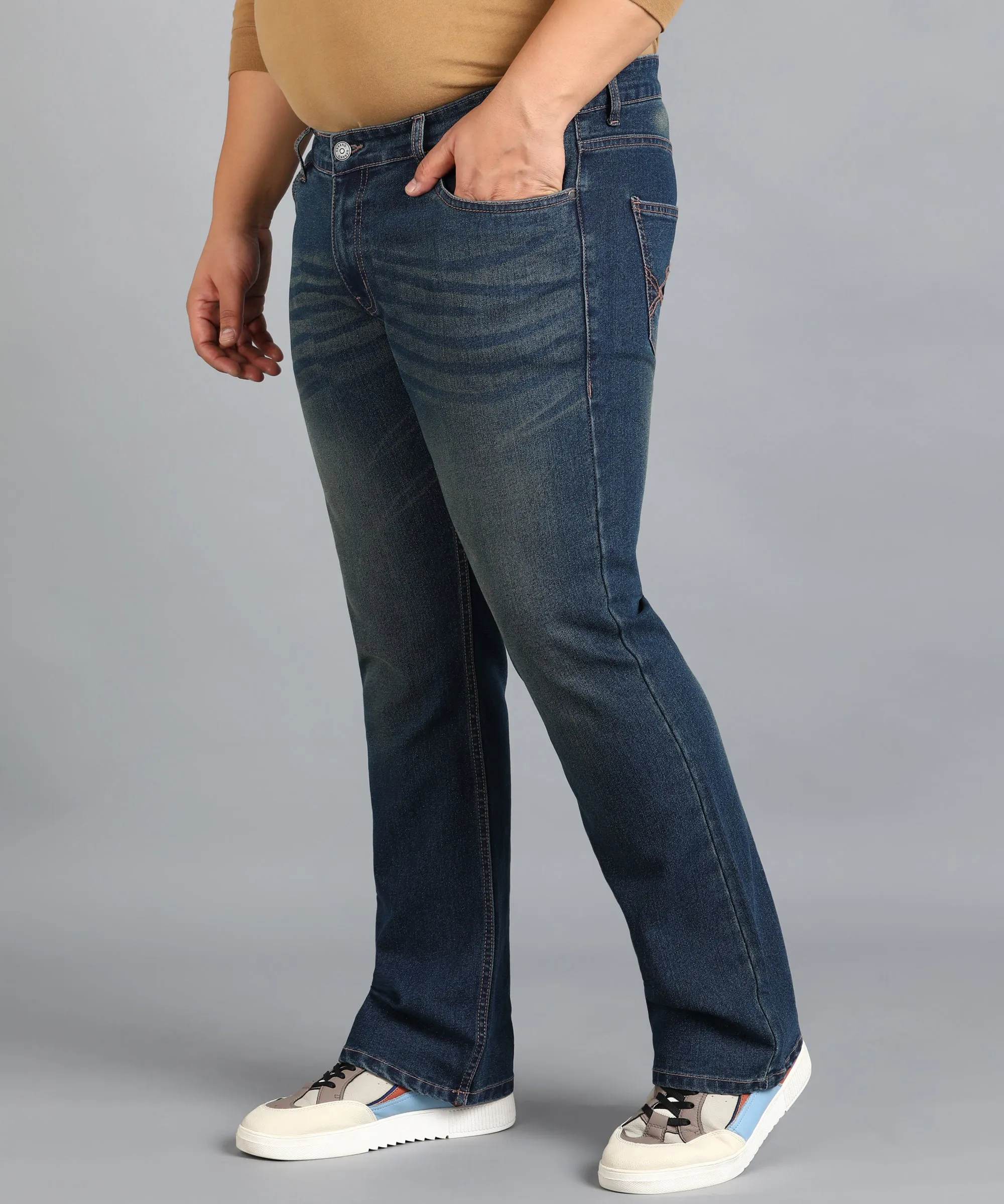 Plus Men's Blue Washed Bootcut Jeans Stretchable