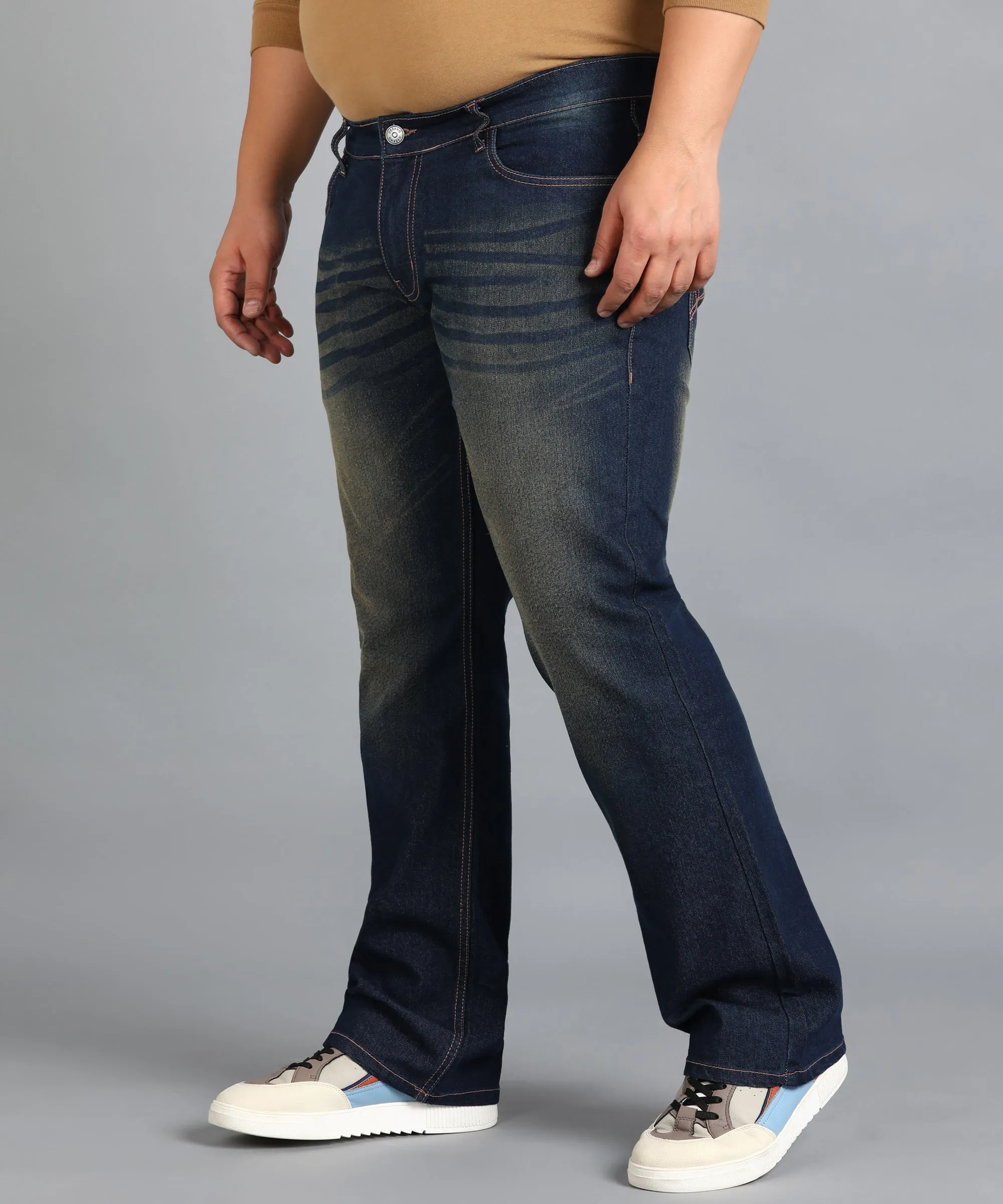 Plus Men's Dark Blue Washed Bootcut Jeans Stretchable