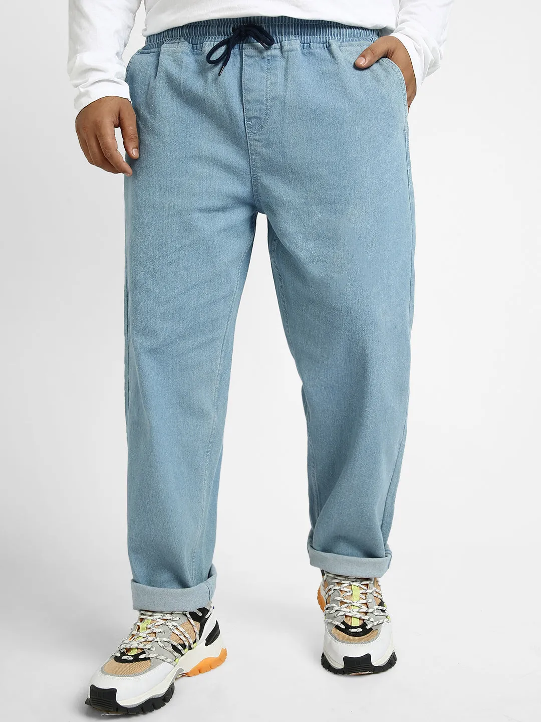 Plus Men's Light Blue Regular Fit Washed Jogger Jeans Stretchable