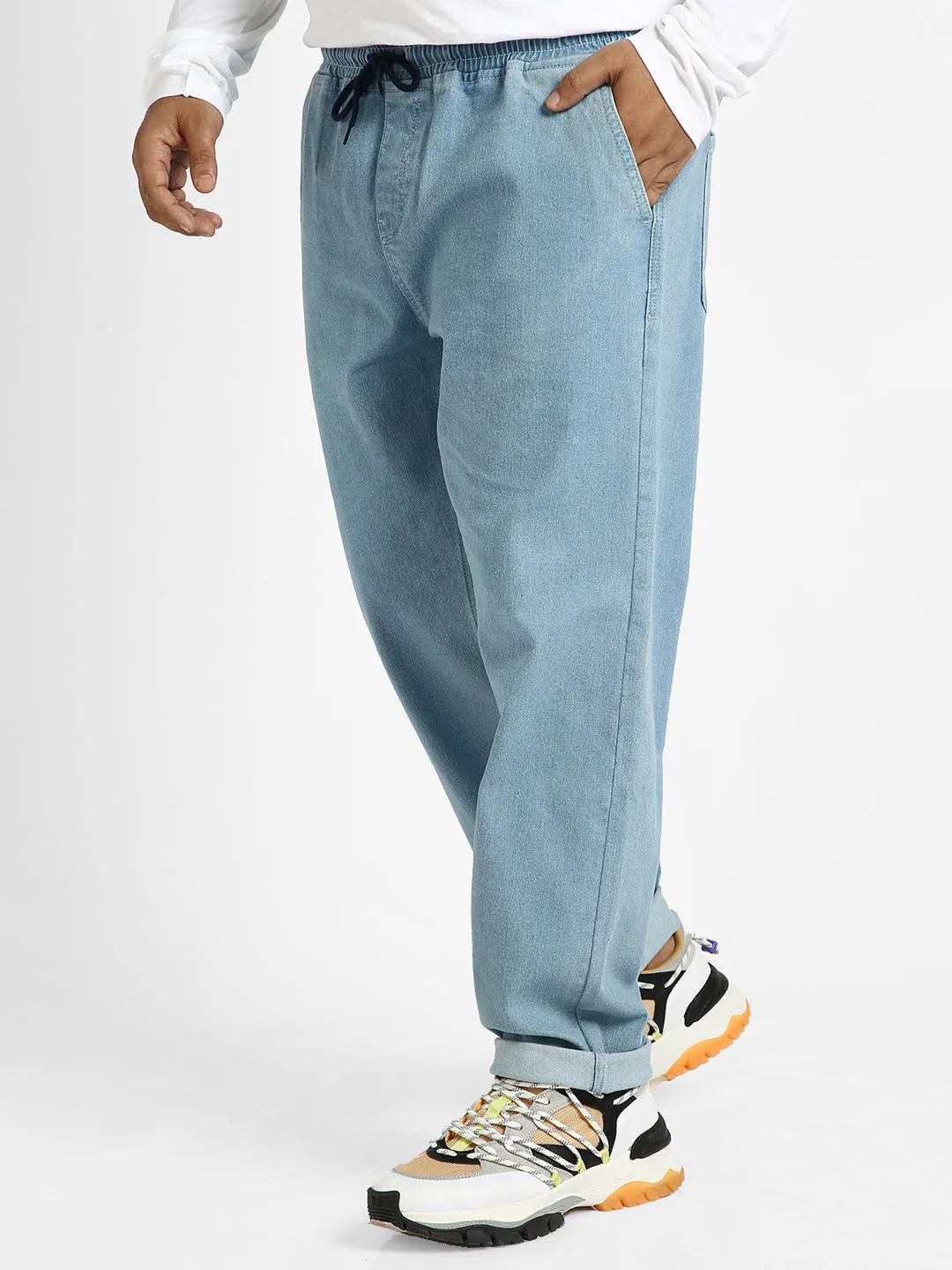 Plus Men's Light Blue Regular Fit Washed Jogger Jeans Stretchable