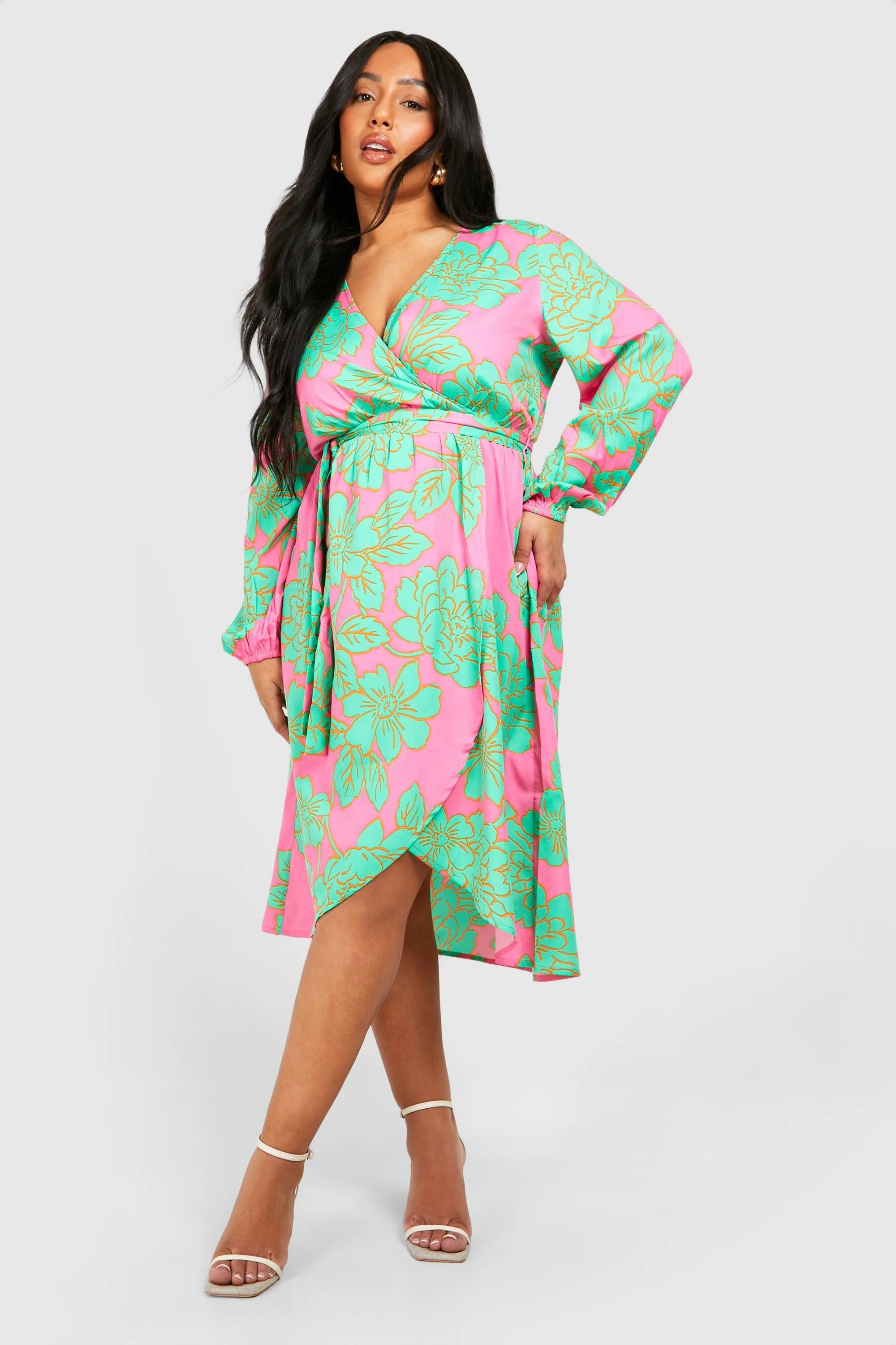 Plus Satin Floral Wrap Dress