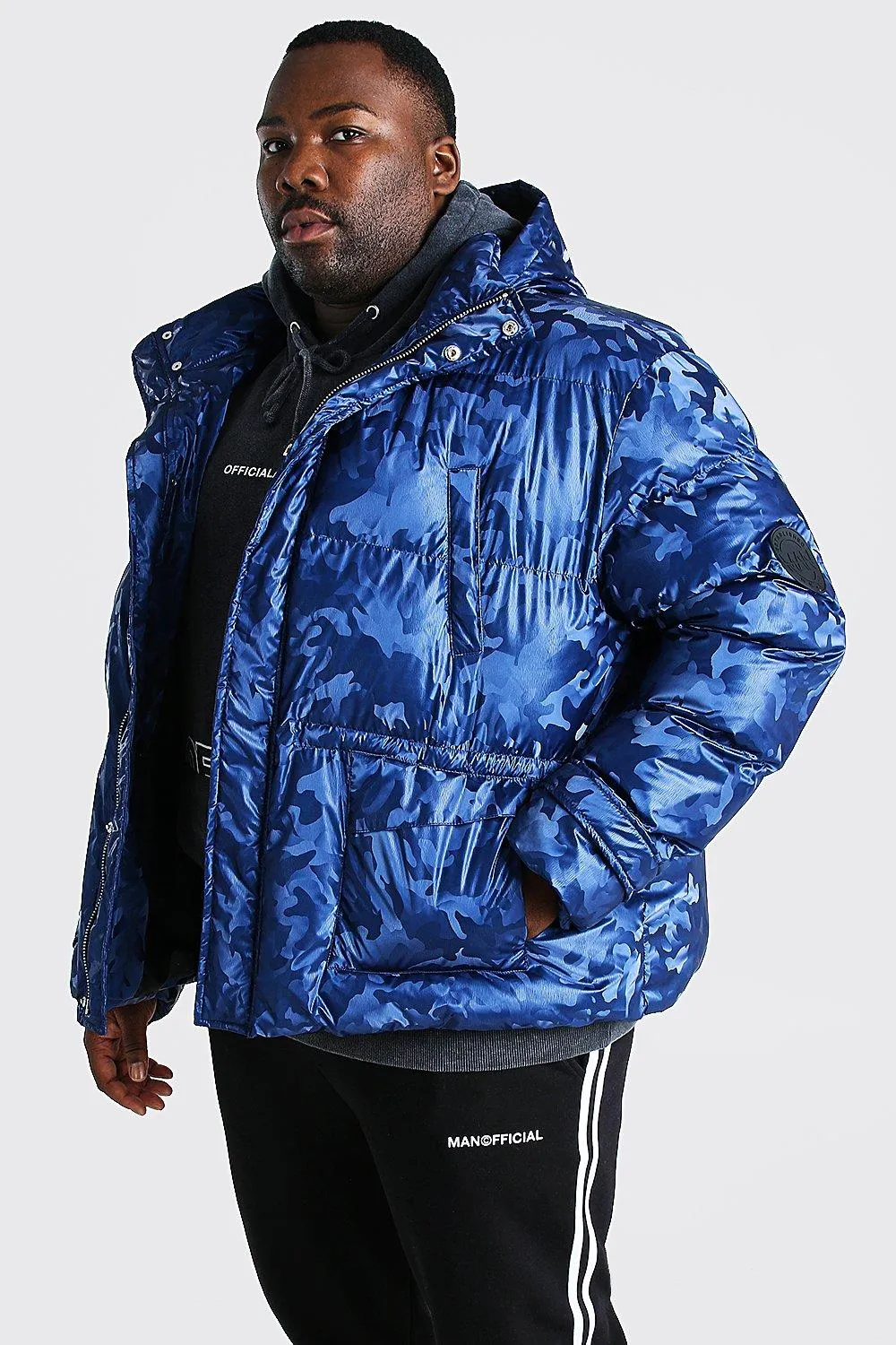 Plus Size Funnel Neck Metallic Camo Puffer