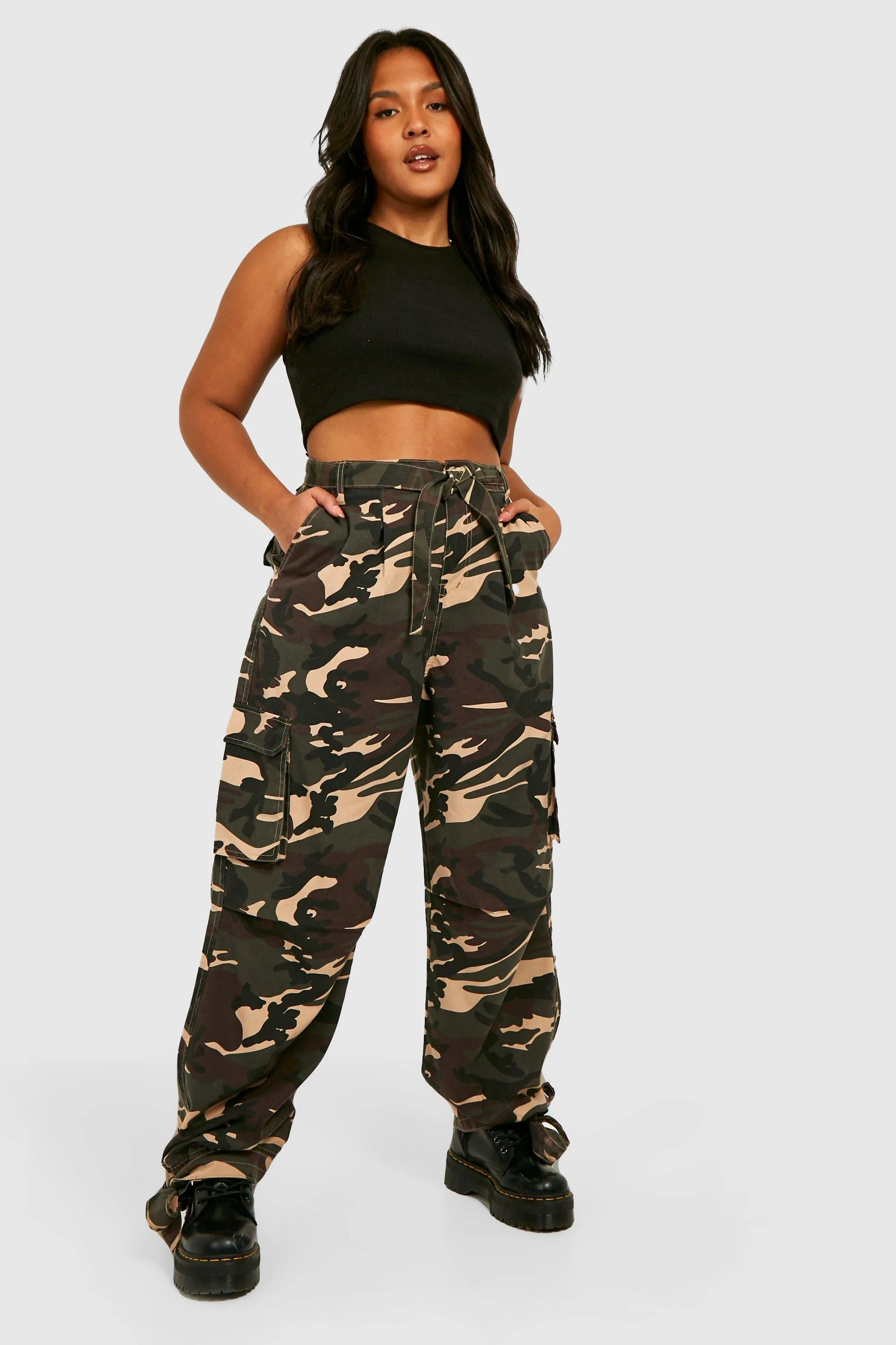 Plus Washed Camo Tie Hem Baggy Cargo Pants