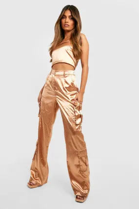 Rhinestone Satin Wide Leg Cargo Pants