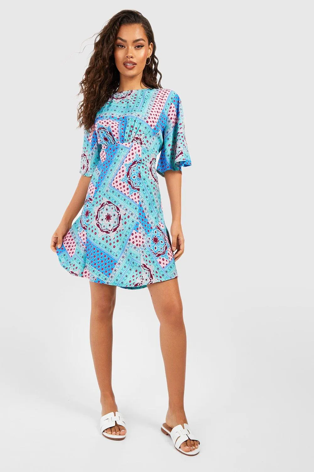 Scarf Print Angel Sleeve Skater Dress