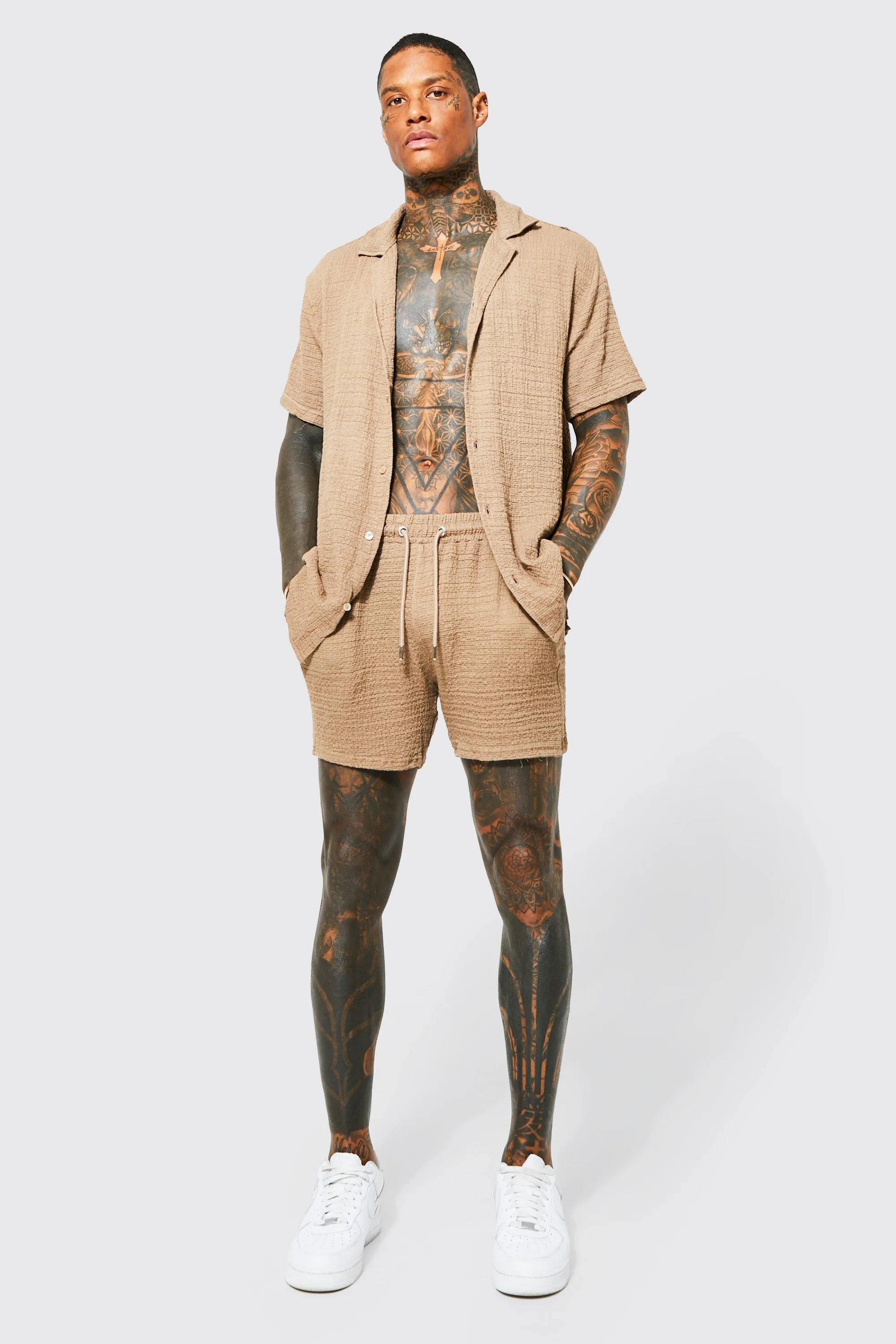 Short Sleeve Textured Shirt And Short