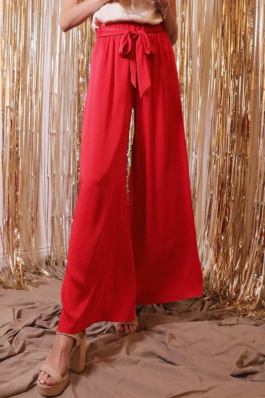 Silk Tie Waist Wide Leg Pants