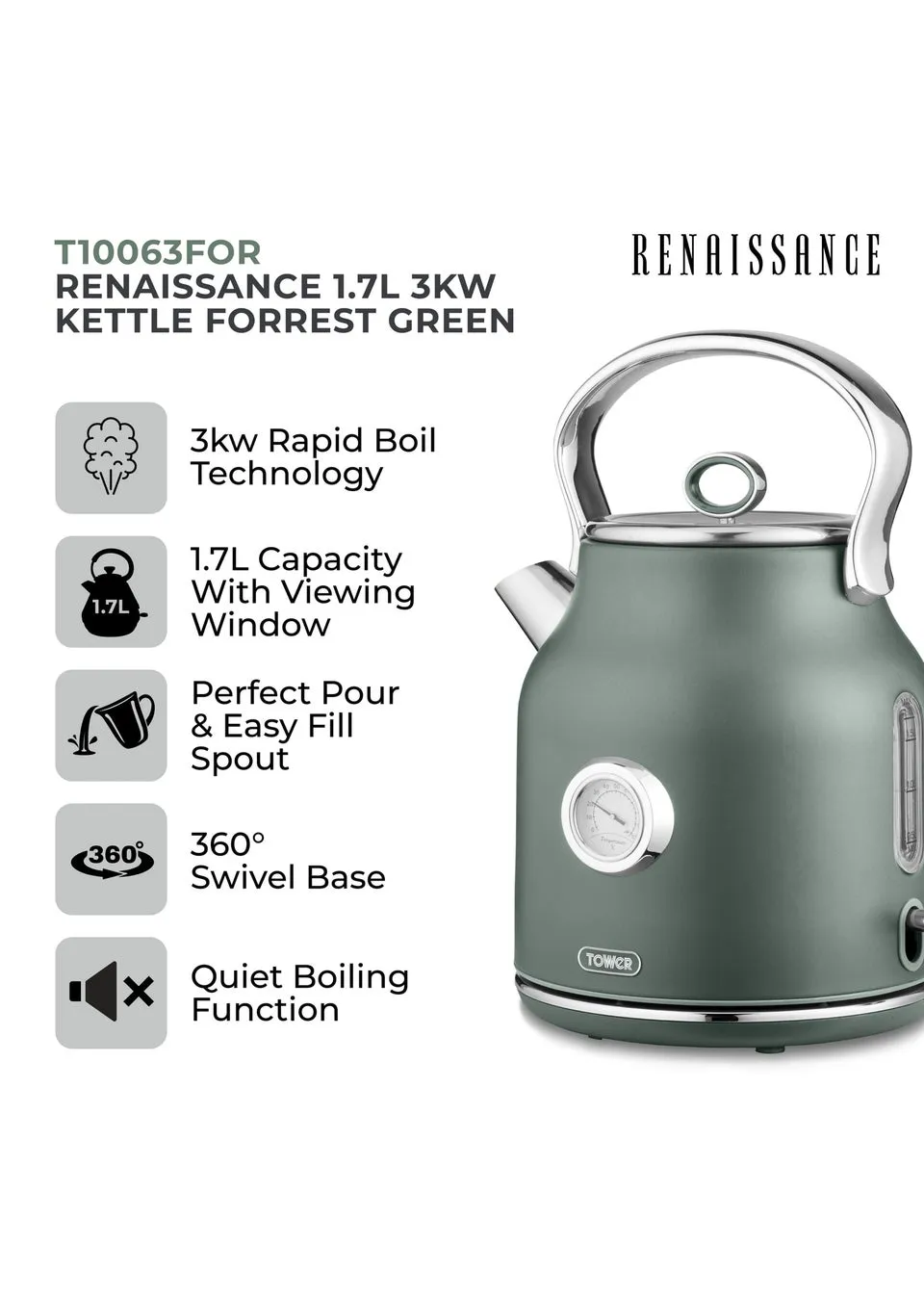 Tower Renaissance 3KW Kettle  (1.7L)