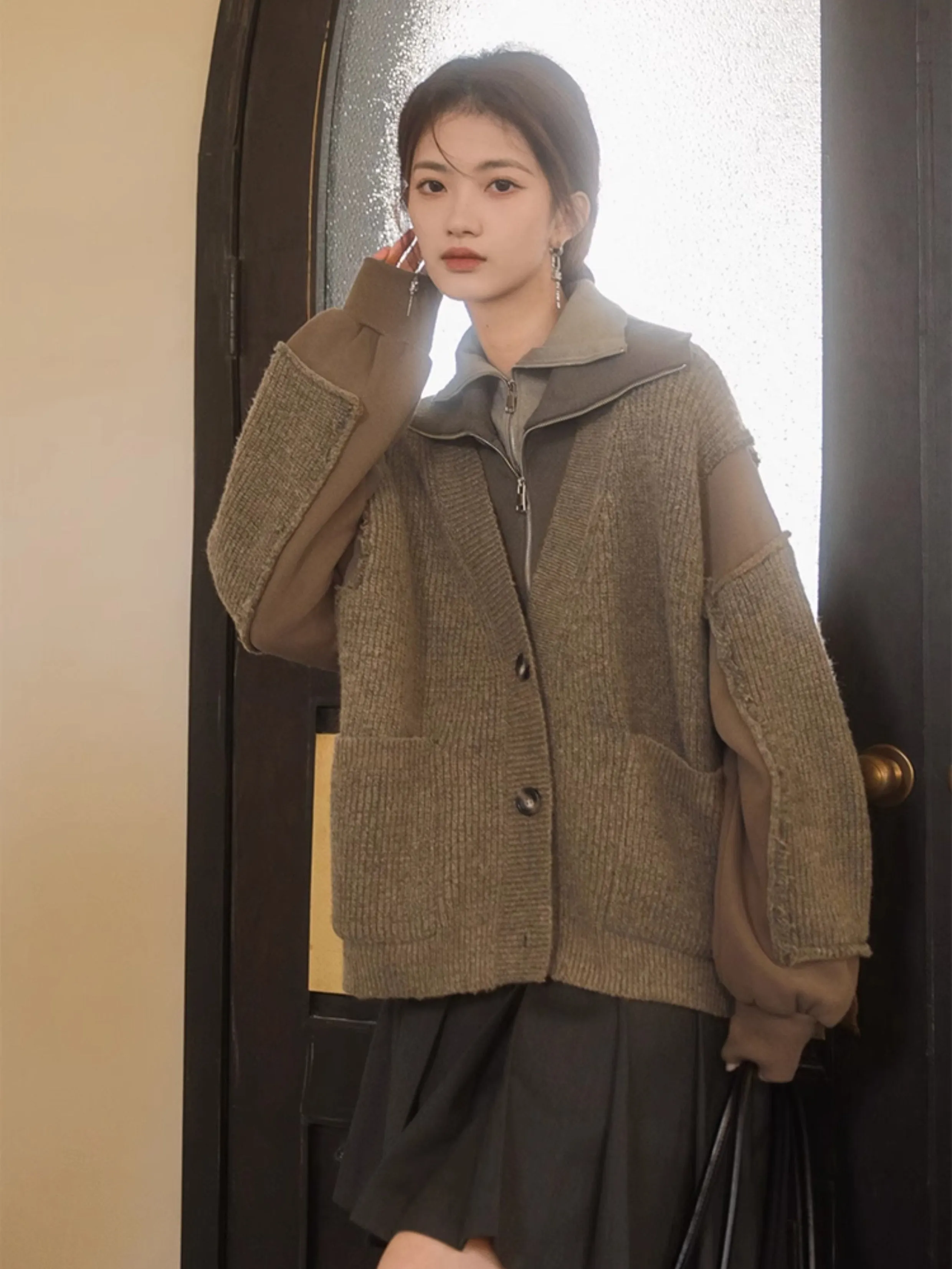 V-Neck Patchwork Knitted Cardigan