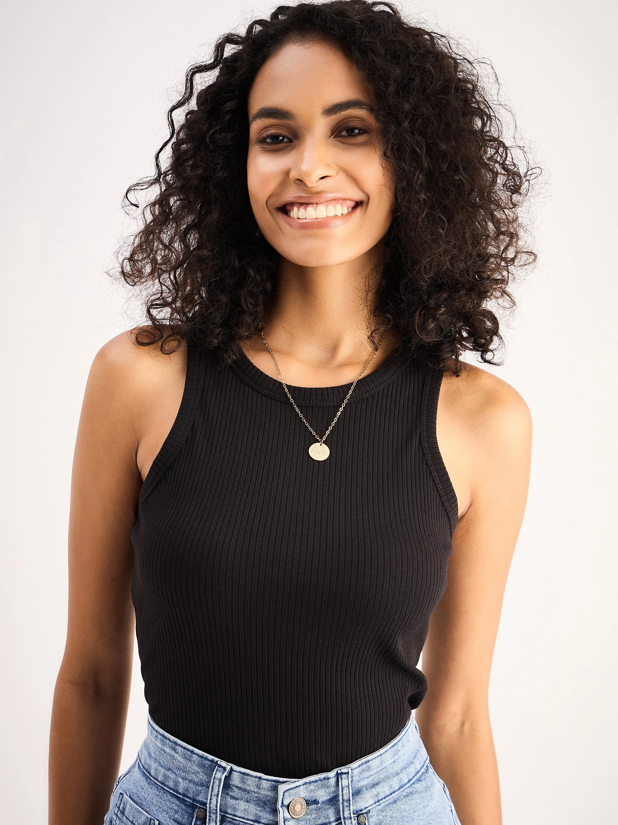 Women Black Ribbed Vest Top