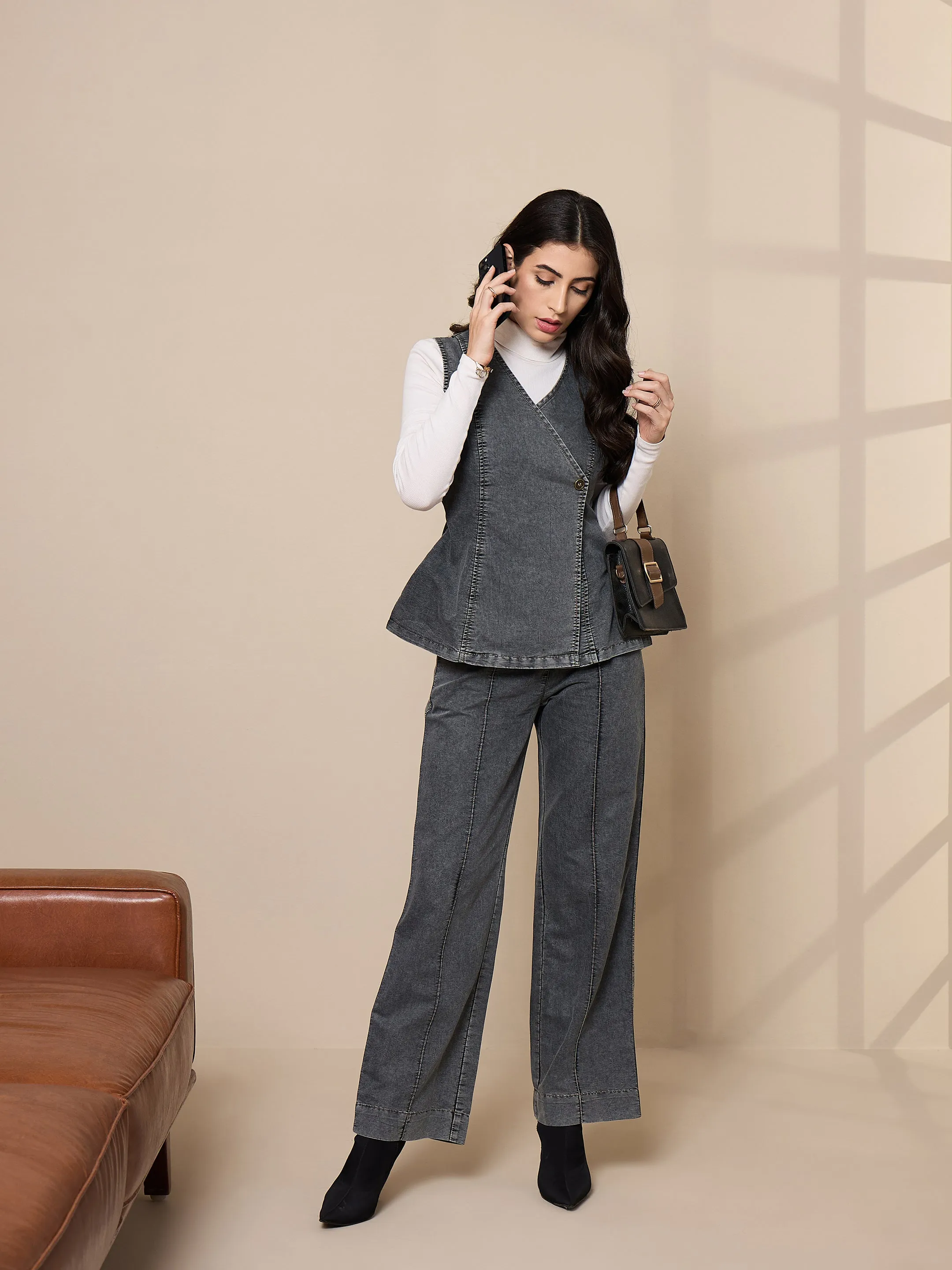 Women Black Washed Tencel Vest Top With Pants