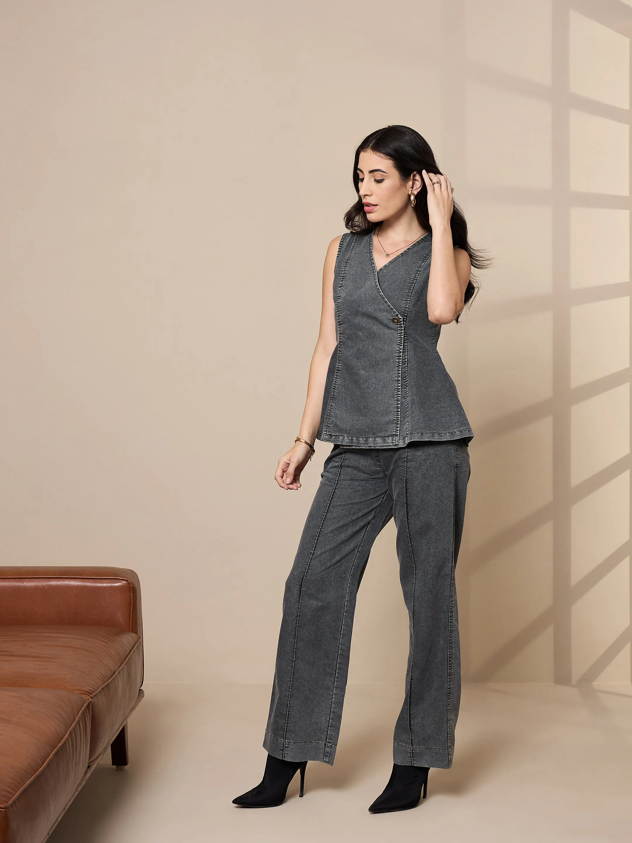 Women Black Washed Tencel Vest Top With Pants