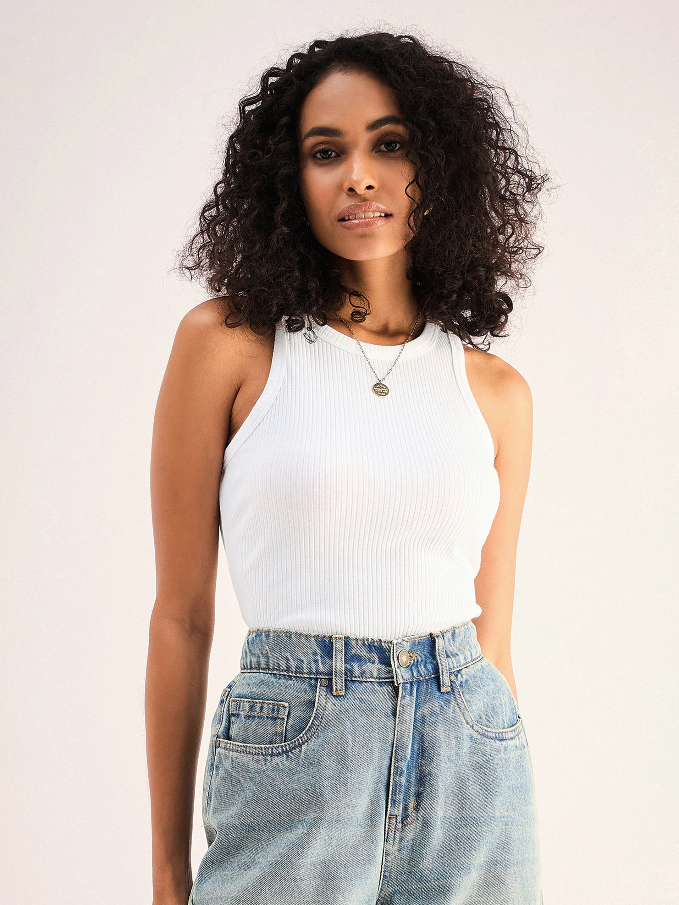 Women White Ribbed Vest Top